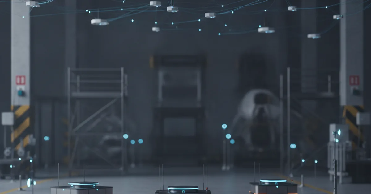 Industrial factory floor with 5G private network infrastructure, autonomous guided vehicles and wireless sensor nodes