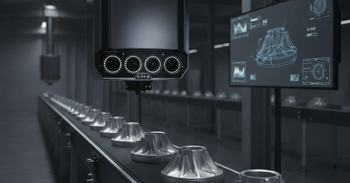 Overhead machine vision camera system inspecting metal parts on a factory assembly line conveyor