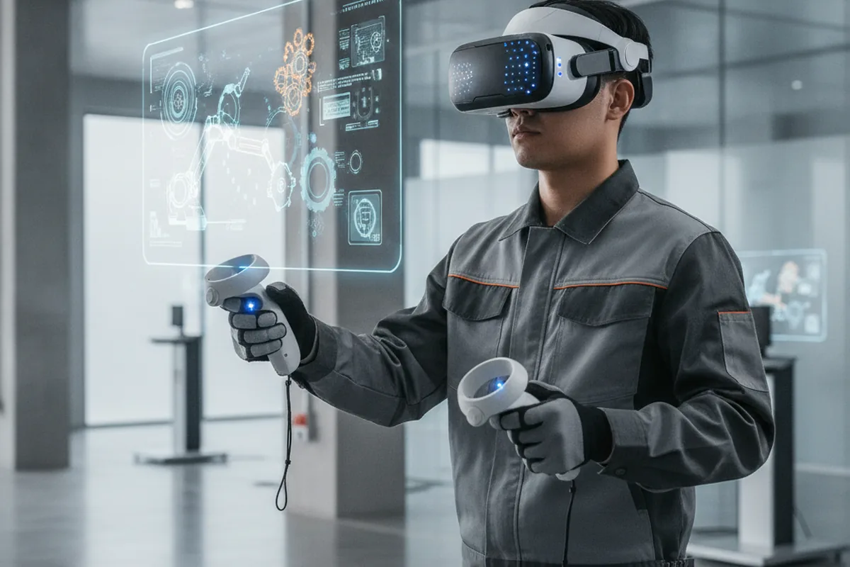 Factory worker using a virtual reality headset and hand controllers for an industrial equipment training simulation
