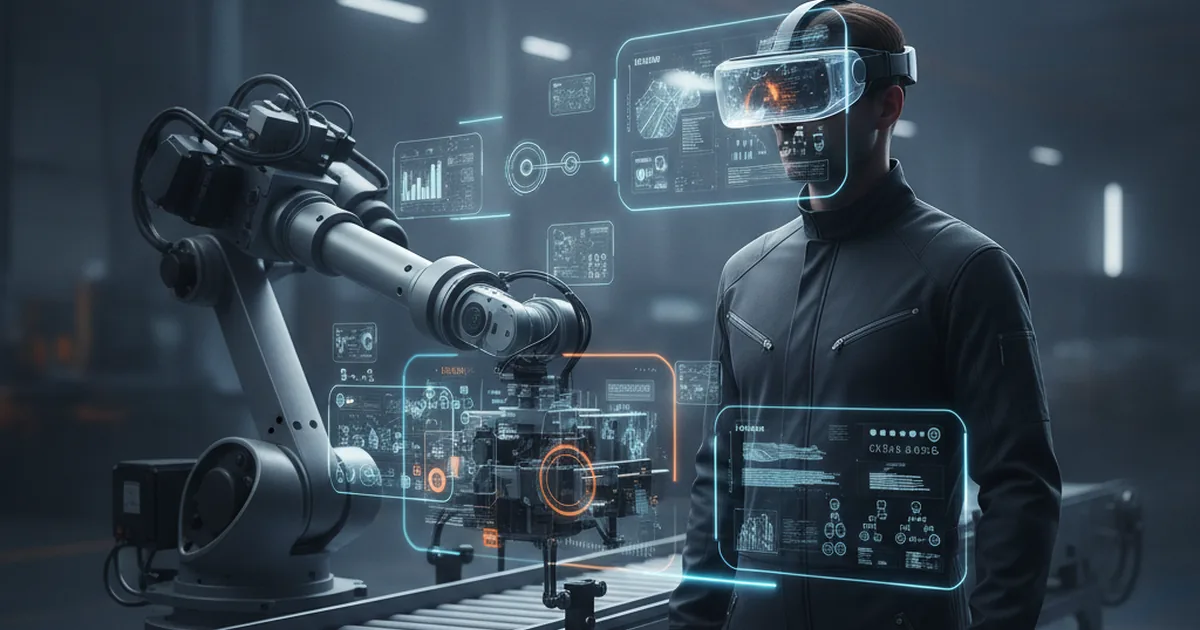 Technician wearing an augmented reality headset viewing a holographic data overlay on industrial machinery