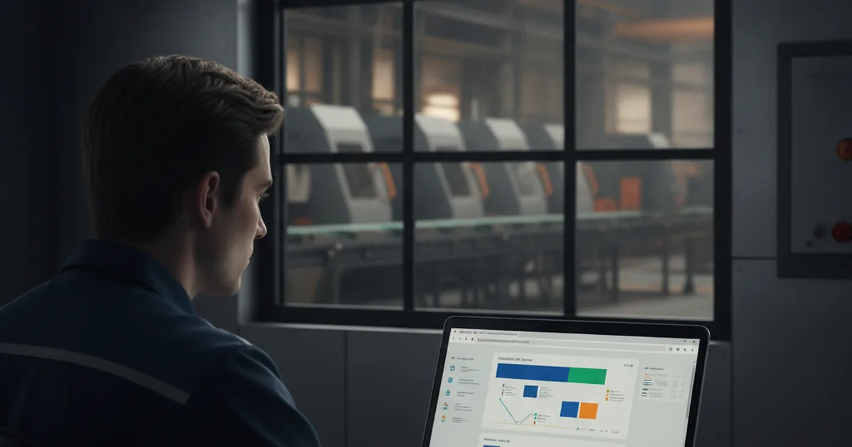 Industrial control room operator viewing a browser-based SCADA dashboard on a laptop, factory floor visible through the window