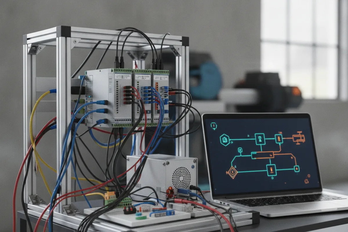 Staged testing rig for programmable logic controllers with cables and a laptop showing a pipeline status screen