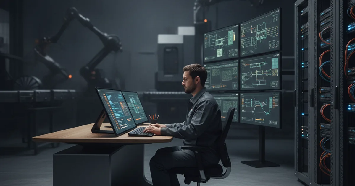 Industrial control room with an engineer reviewing a software deployment dashboard next to PLC cabinets and SCADA screens