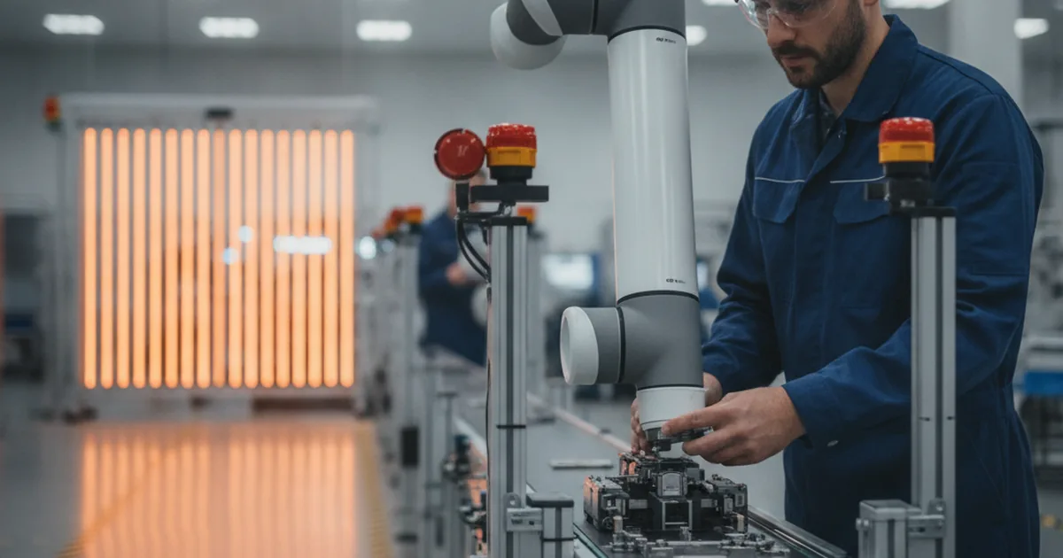 Collaborative robot arm working safely next to a human operator on a factory assembly line