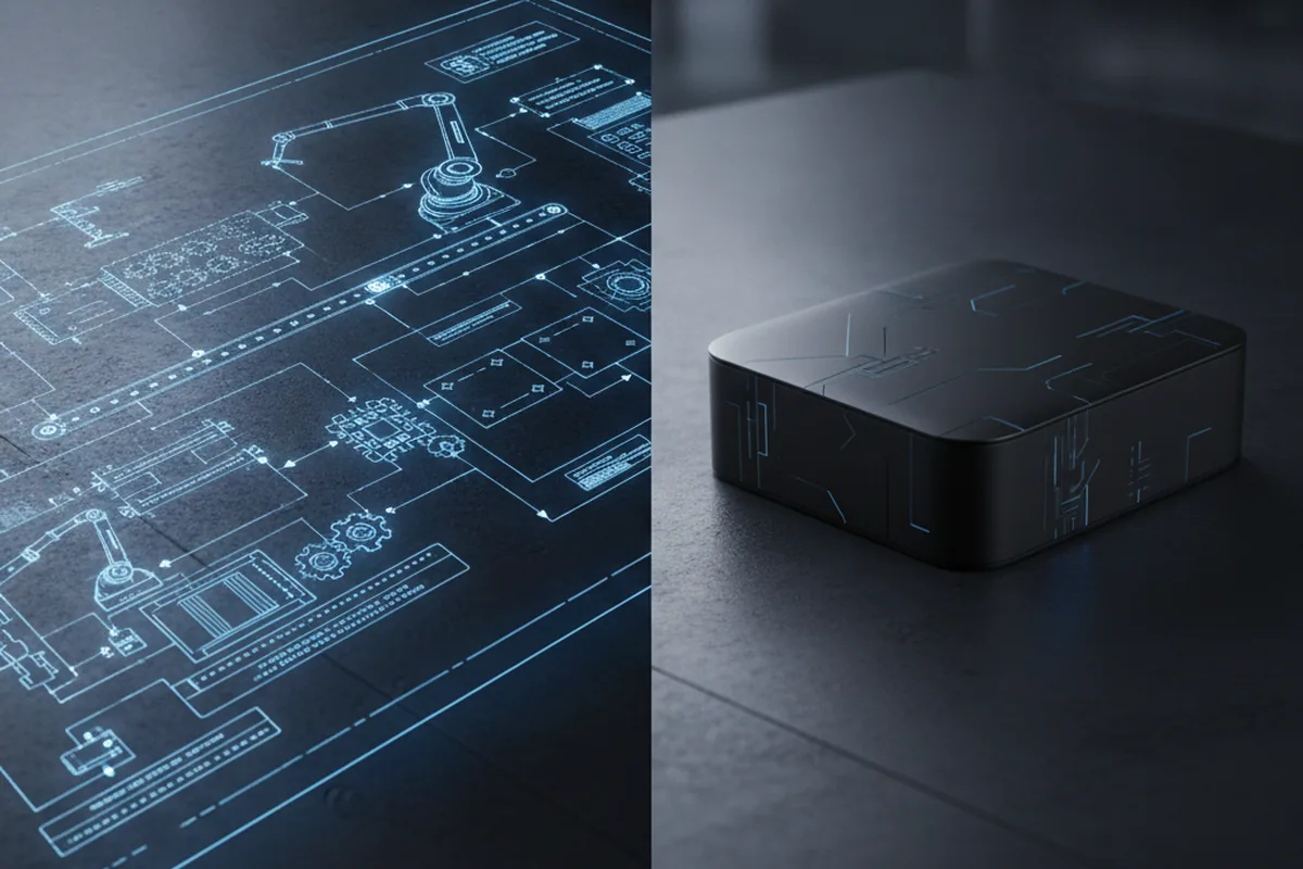 Split-screen concept of a custom software blueprint next to a packaged software device, in an industrial manufacturing context