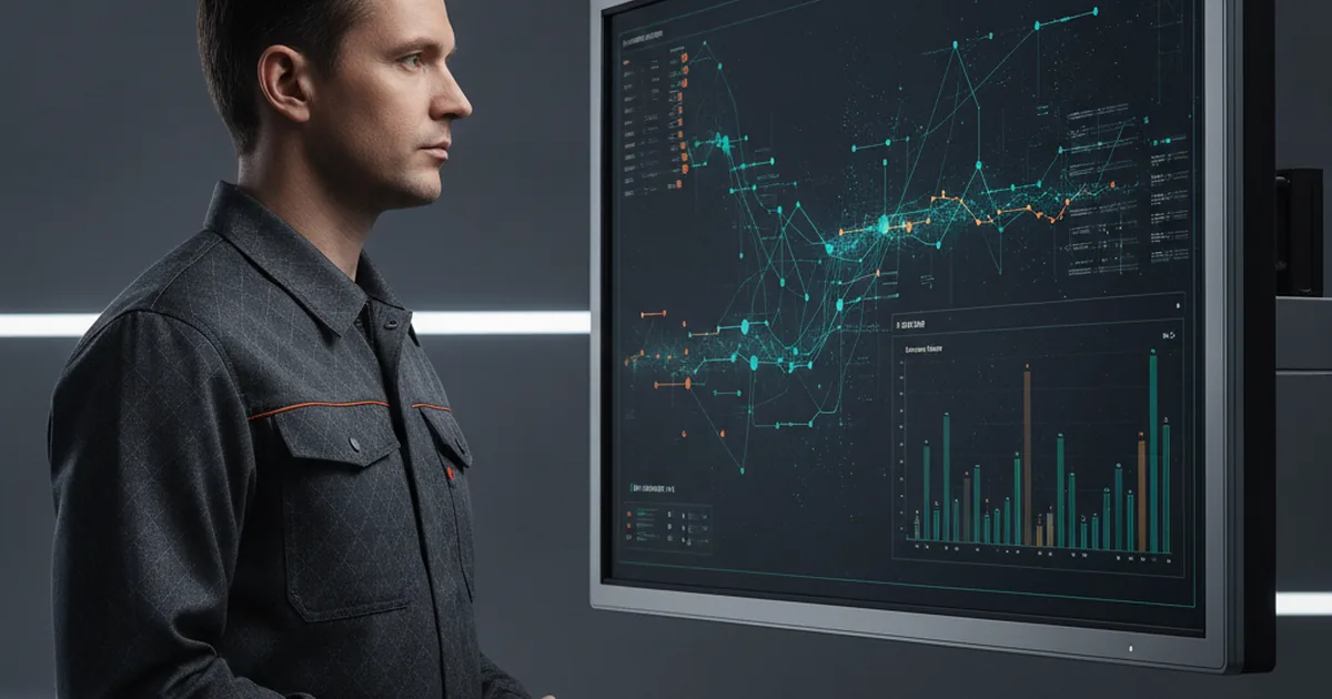 Factory engineer reviewing a manufacturing execution system dashboard on an industrial control-room monitor