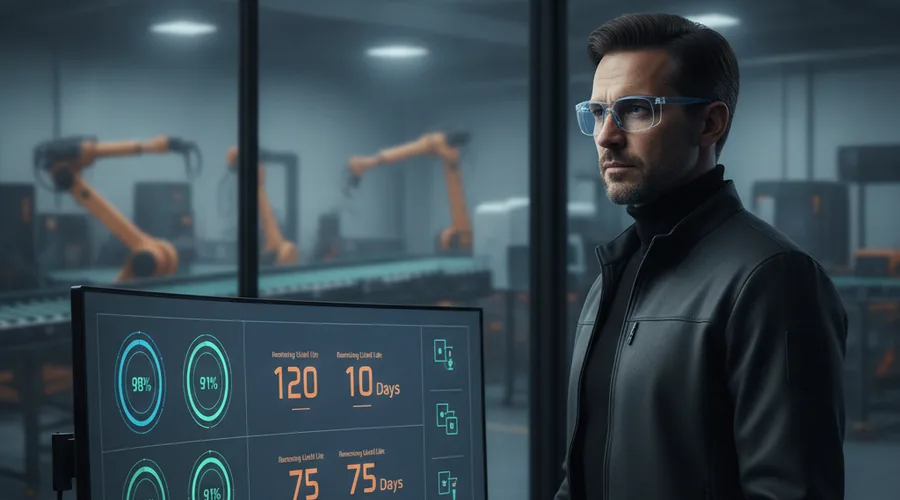 Industrial control room engineer reviewing predictive maintenance dashboard with digital twin asset health scores and remaining useful life timers