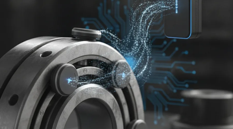 Industrial motor bearing with wireless vibration and temperature sensor nodes attached, data streams flowing toward edge gateway