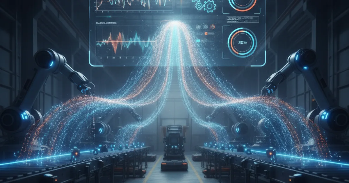 Smart factory floor with IIoT sensor nodes and holographic digital twin overlay showing asset health dashboards