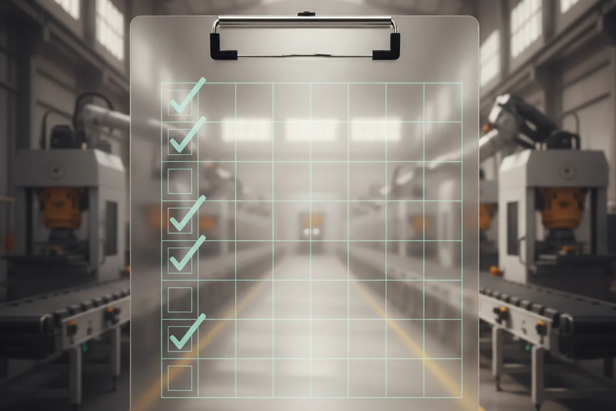 Clipboard checklist overlay on a factory walkthrough, representing a multi-site asset audit