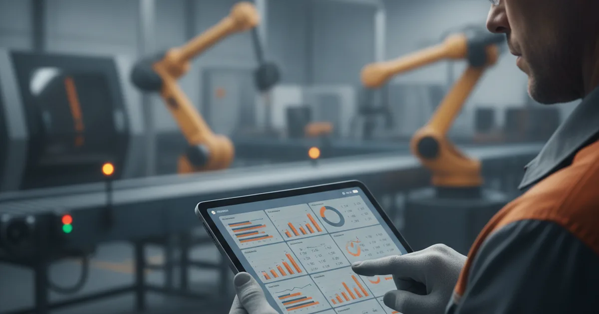 Industrial maintenance technician reviewing an asset management dashboard on a tablet in front of factory machinery