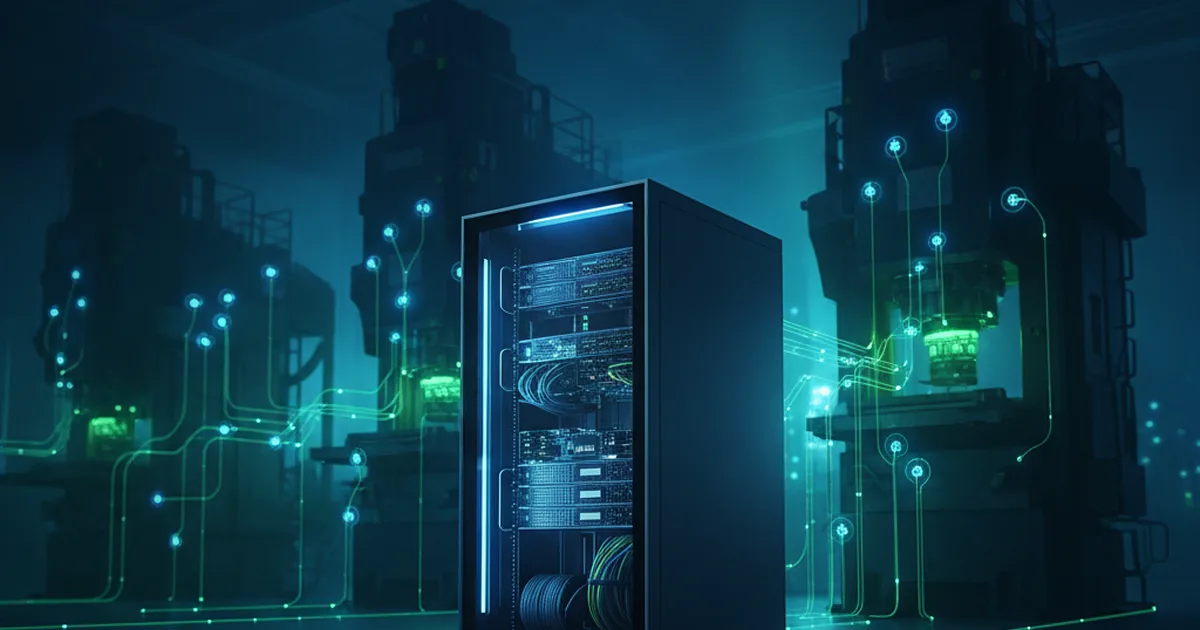 Edge server rack on industrial factory floor with glowing IoT sensor data streams and heavy machinery in background