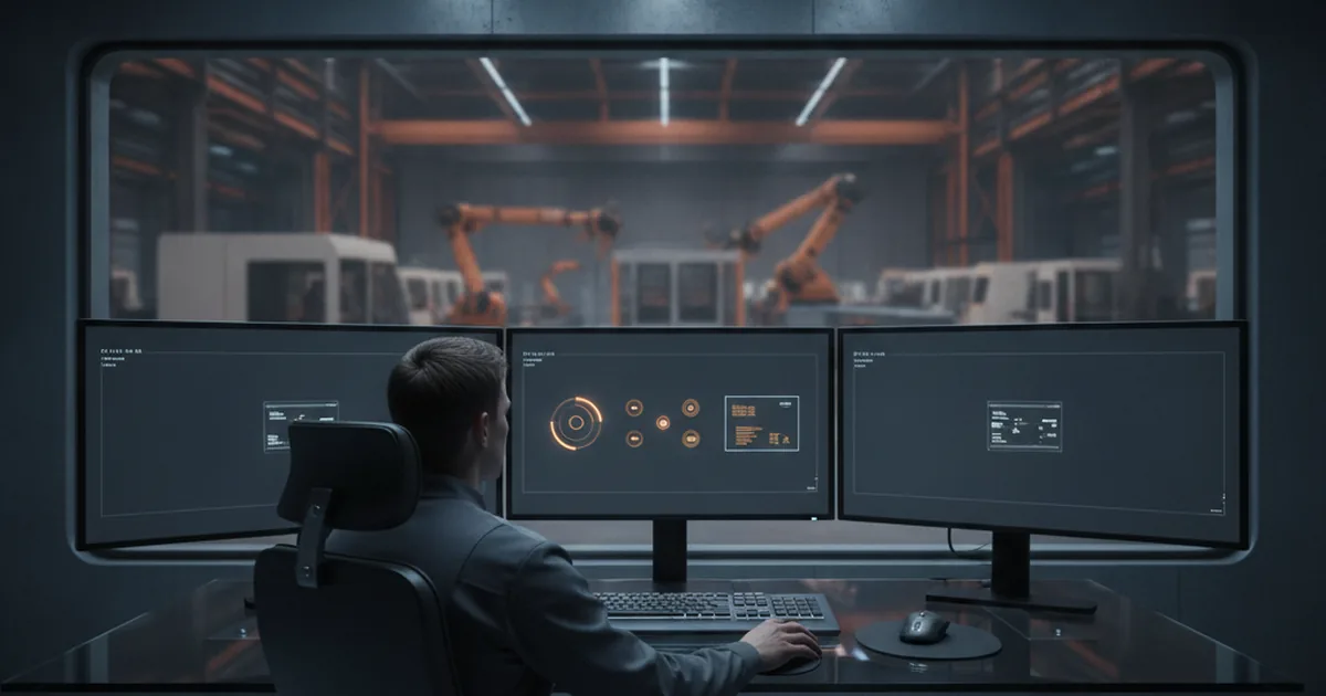 Operator viewed from behind, looking at a grey SCADA/HMI dashboard with amber warning indicators on three large monitors in a dark industrial control room