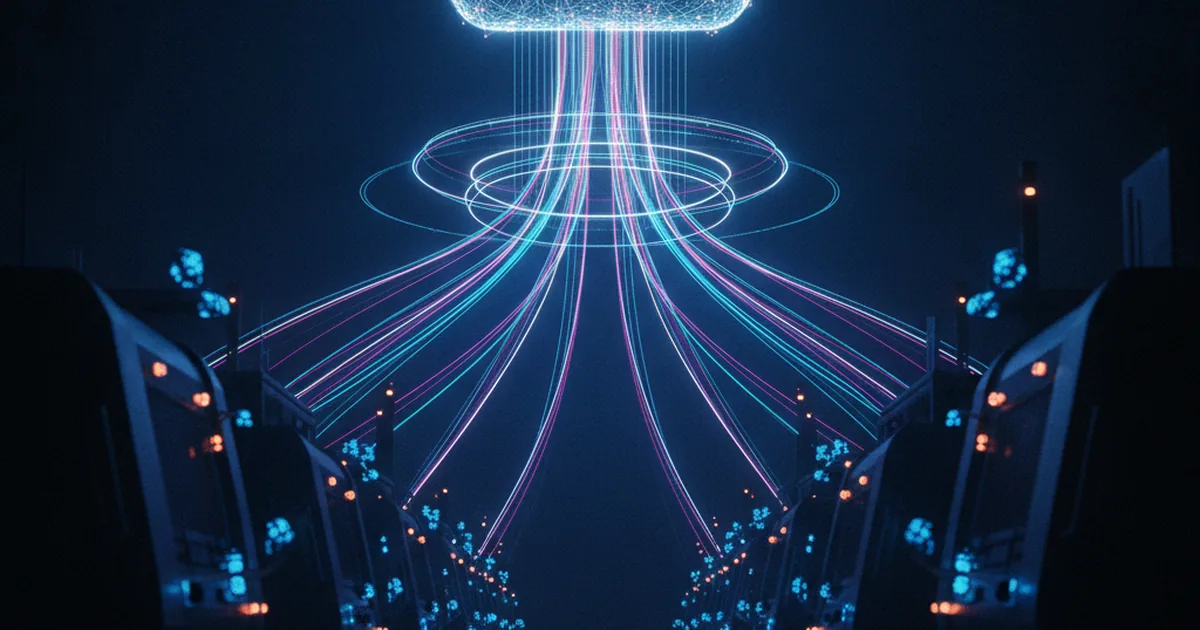 Industrial smart factory with glowing IoT sensor nodes connected by data streams flowing to the cloud
