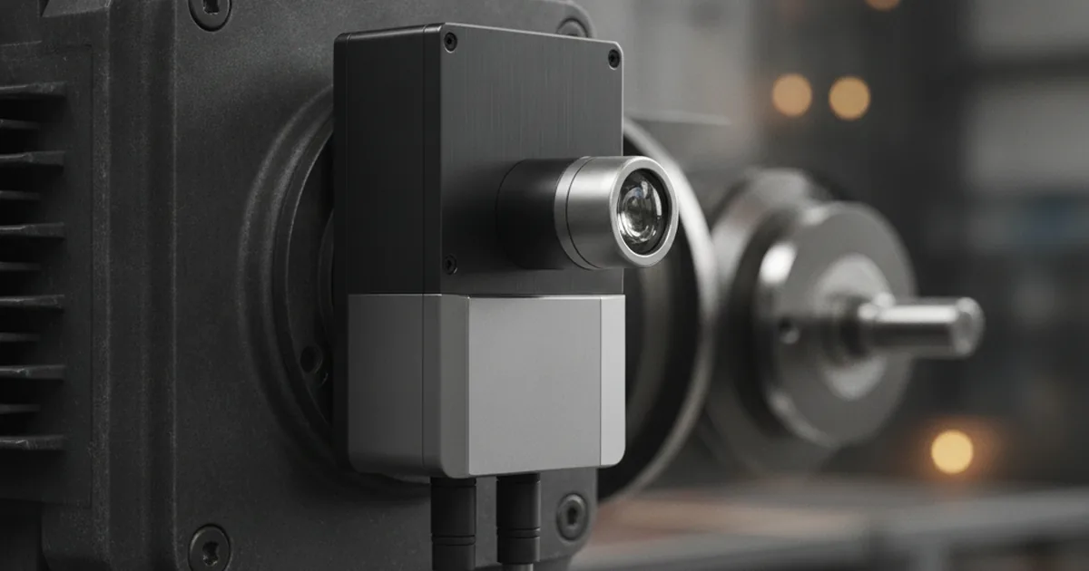 Industrial vibration and vision sensors mounted on factory motor housing in a dark plant environment