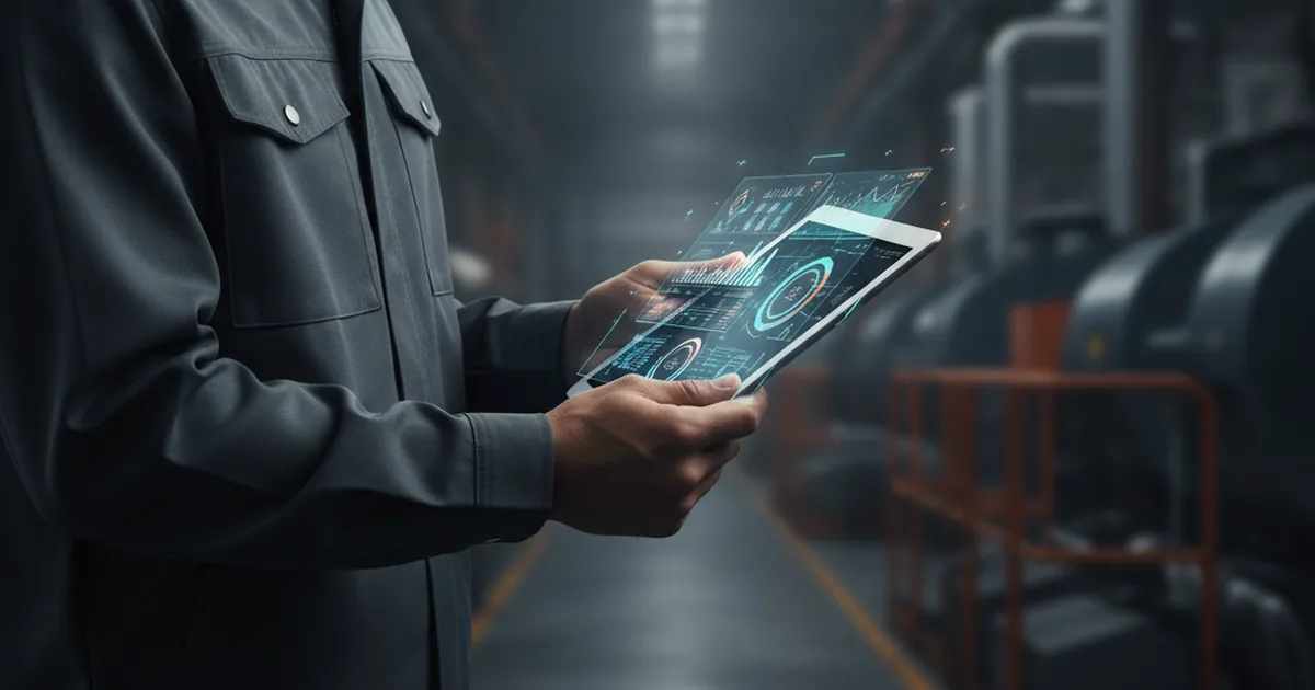 Factory floor manager reviewing a digital KPI dashboard on a tablet in an industrial manufacturing plant