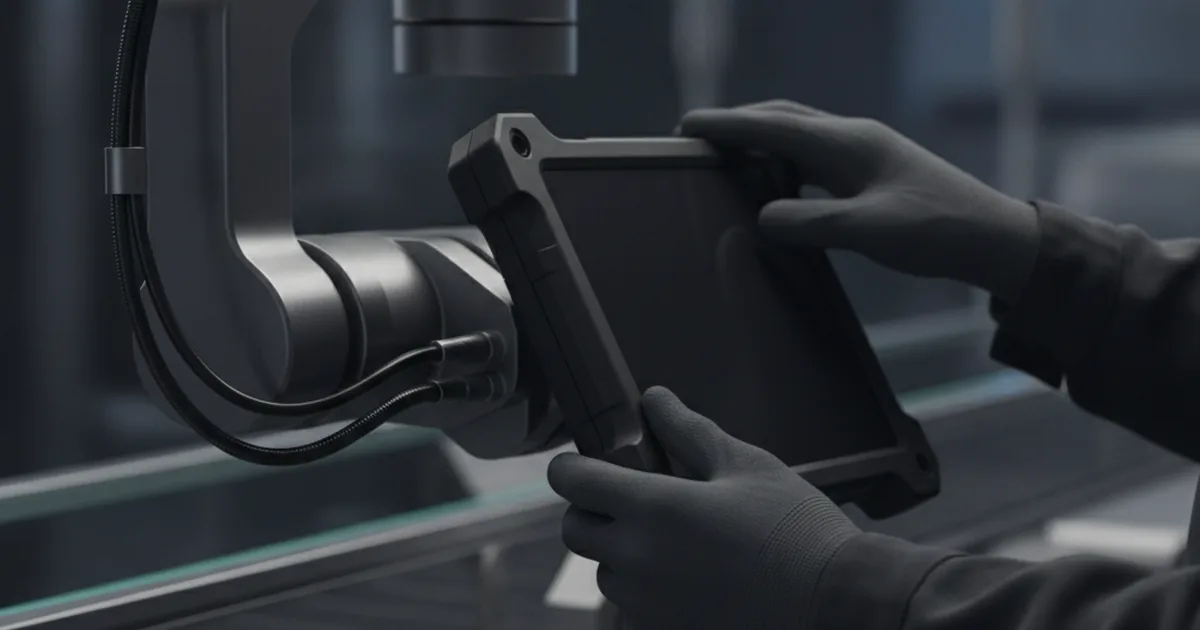Factory floor operator holding a rugged industrial tablet near a production line with indicator lights in the background