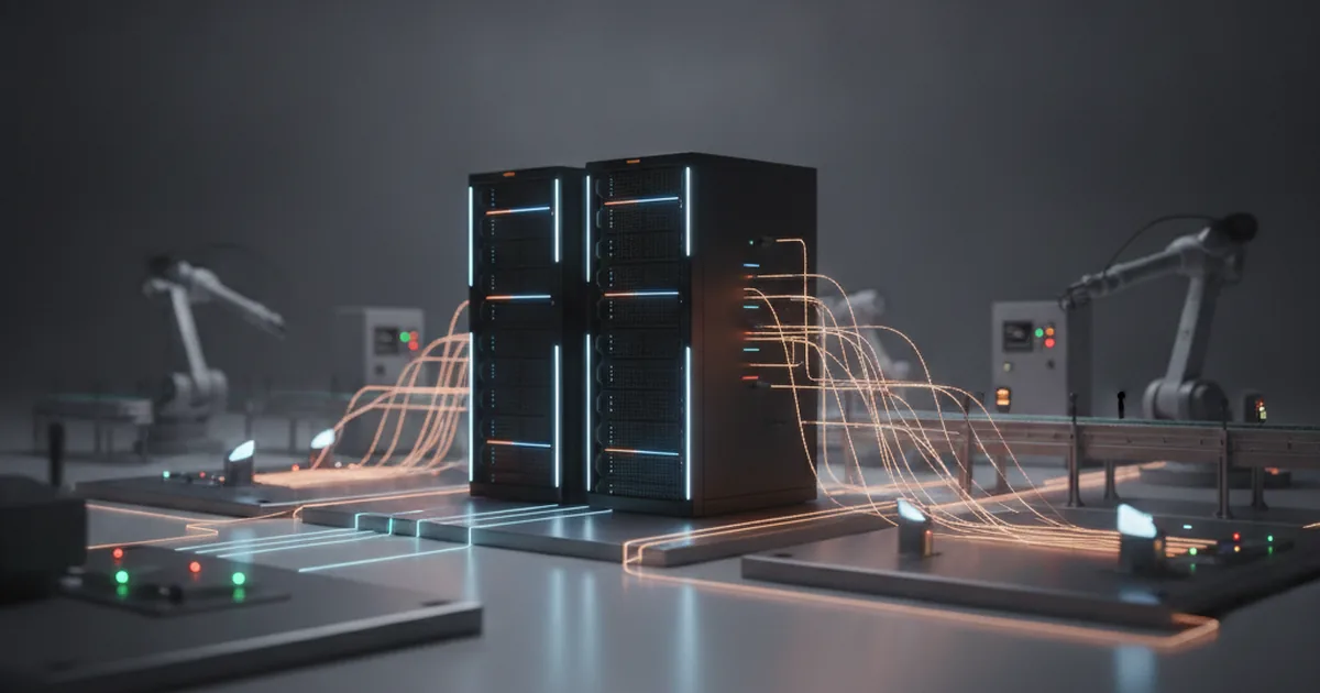 Server racks on a factory floor connected by glowing data streams to sensors and robotic arms