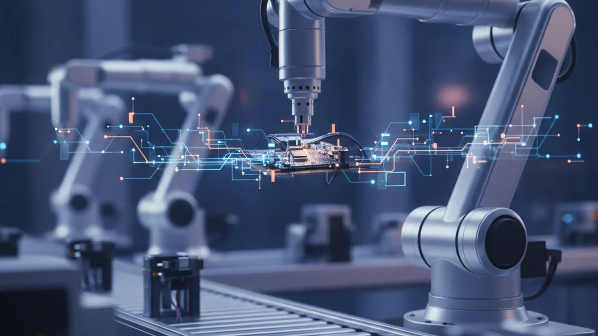 Robotic arm on an automated assembly line with an abstract visualization of connected data streams between machines
