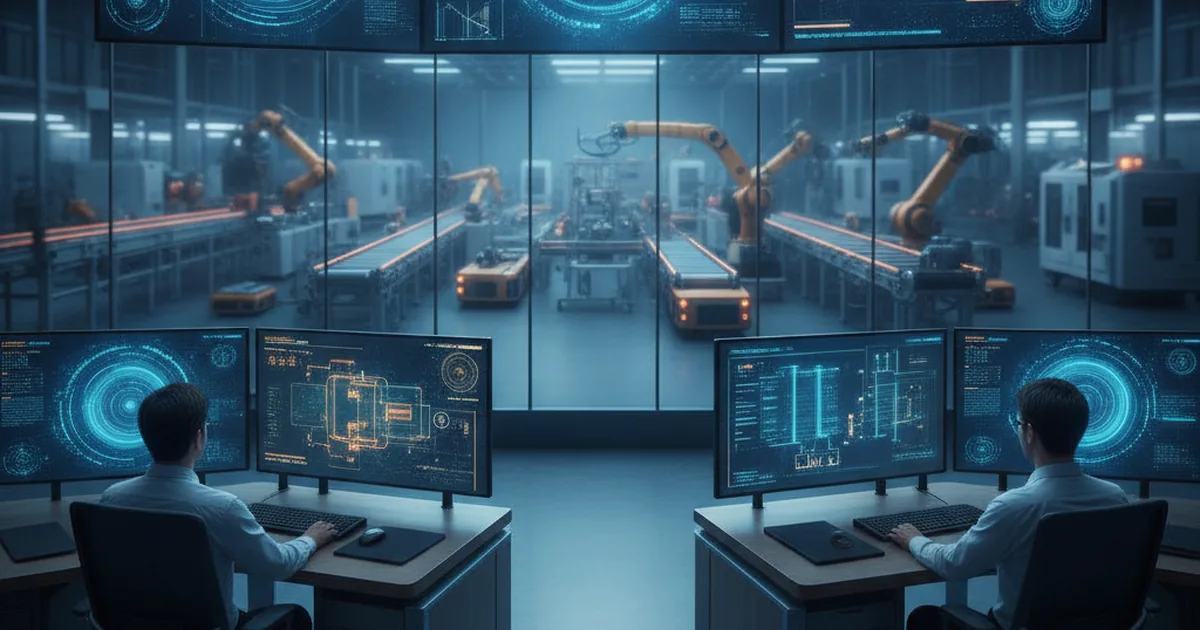 Engineers monitoring a smart factory control room with wall-mounted data screens and robotic arms on the production line beyond