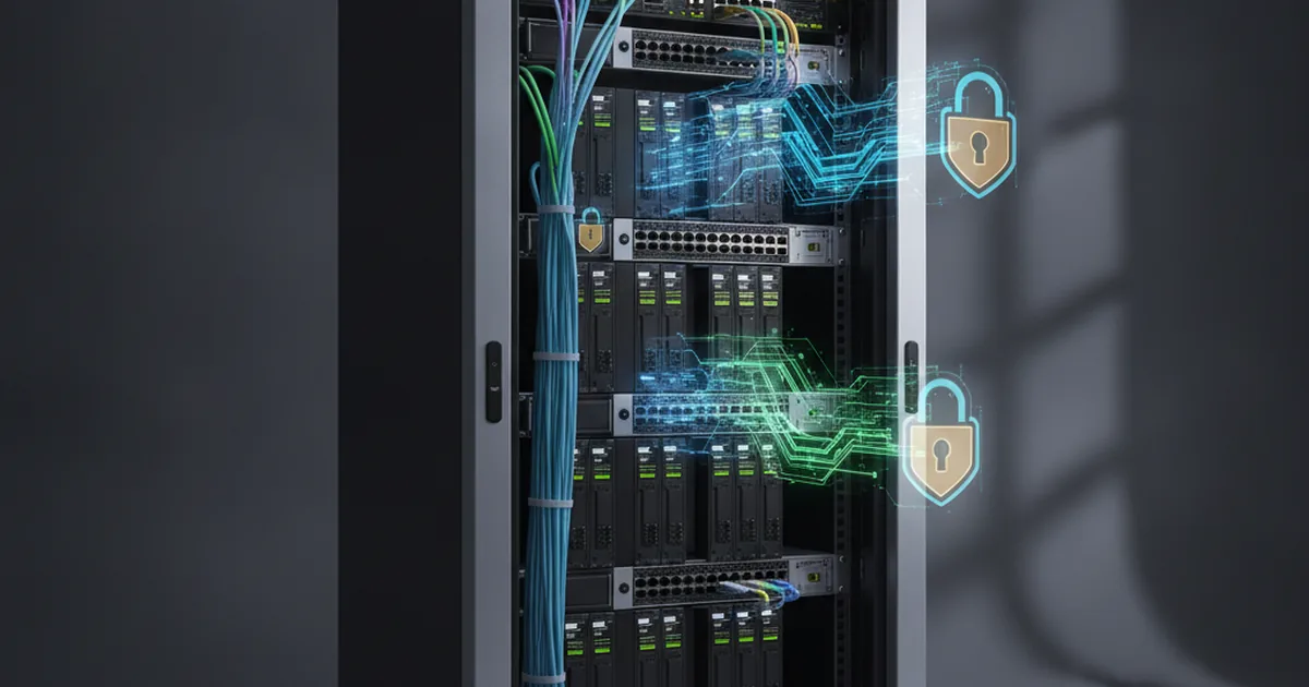 Industrial server rack with glowing security lock icons and encrypted data streams between PLCs