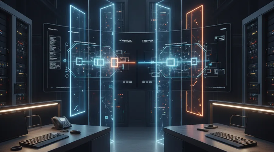 Factory control room showing OT and IT network zone segmentation with security barriers