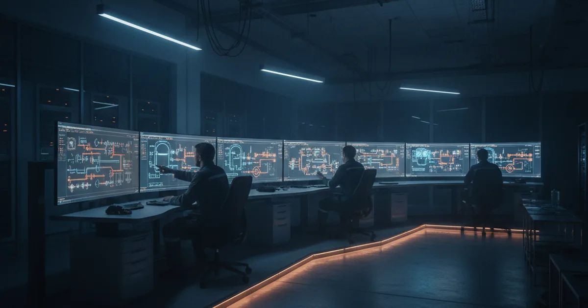 Modern industrial control room with engineers at touchscreen HMI displays showing SCADA process flow diagrams