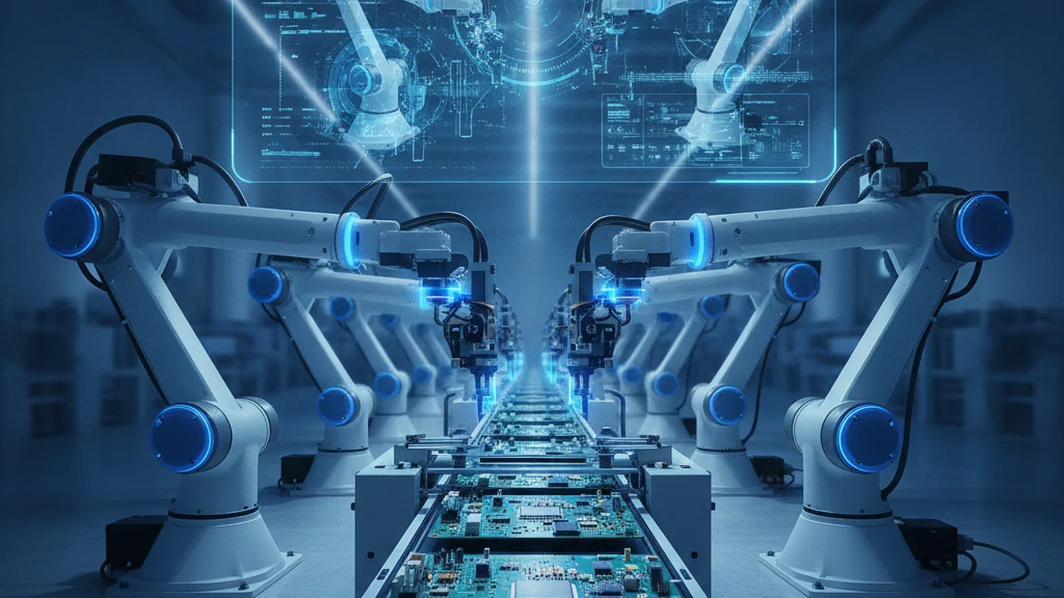Robotic arms assembling circuit boards on a factory line with a digital twin simulation overlay